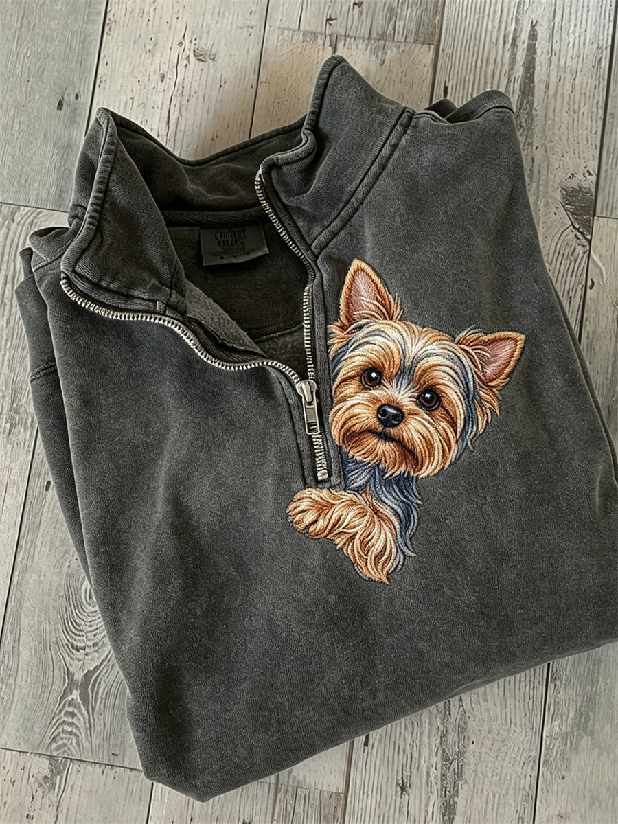 Women's Peeking Yorkshire Dog Print Zip Up Sweatshirt gracestitchs