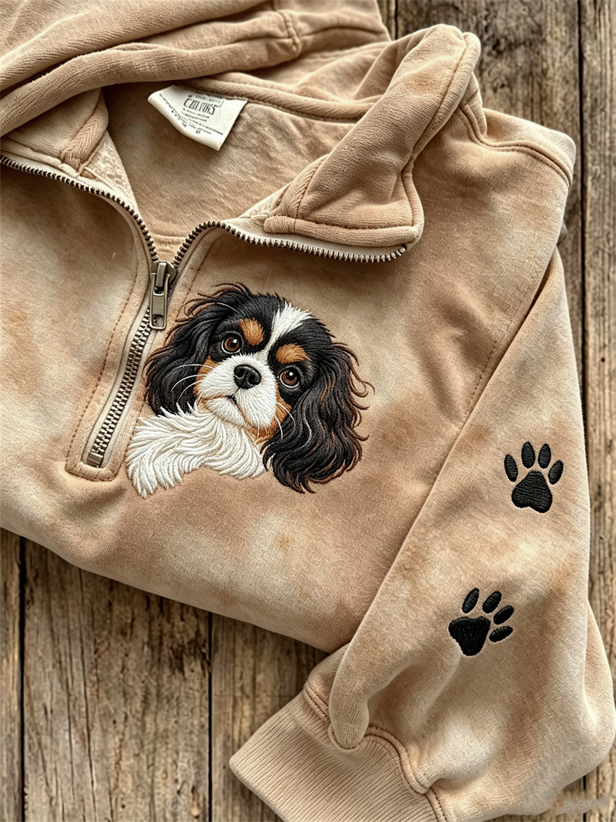 Women's Peeking King Charles Dog & Paw Prints Print Zip Up Sweatshirt gracestitchs