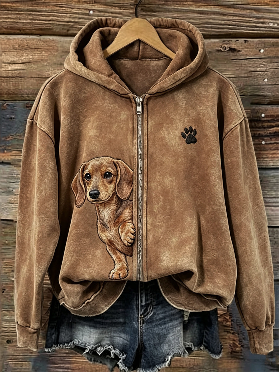 Women's Peeking Dachshund Dog & Paw Print Full Zip Hoodie gracestitchs