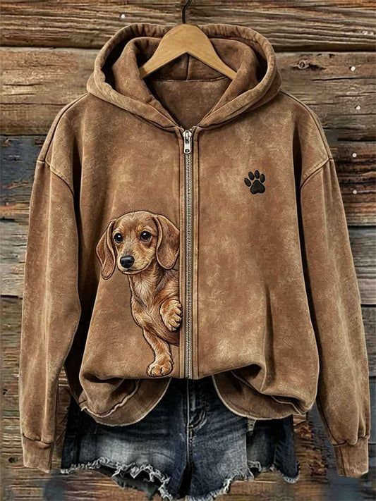 Women's Peeking Dachshund Dog & Paw Print Full Zip Hoodie