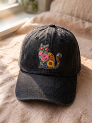 Unisex Washed Cotton Hat with Floral Cat Design gracestitchs