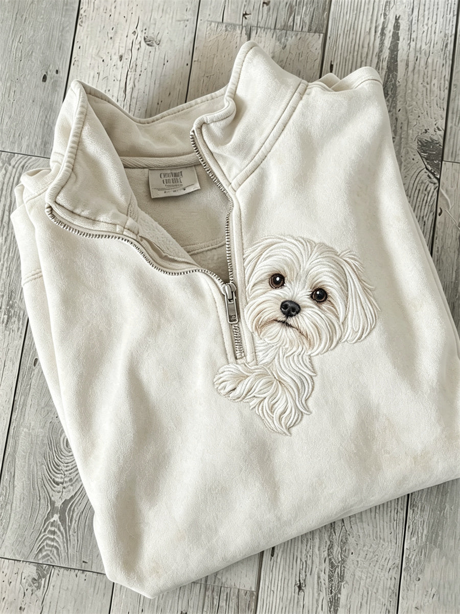 Women's Peeking Maltese Dog Print Zip Up Sweatshirt gracestitchs