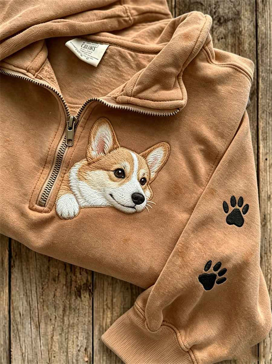 Women's Peeking Corgi Dog & Paw Prints Print Zip Up Sweatshirt