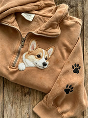 Women's Peeking Corgi Dog & Paw Prints Print Zip Up Sweatshirt gracestitchs