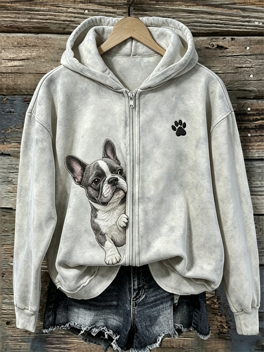 Women's Peeking French Bulldog & Paw Print Full Zip Hoodie gracestitchs