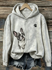 Women's Peeking French Bulldog & Paw Print Full Zip Hoodie gracestitchs