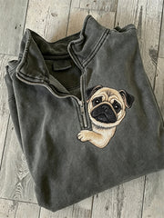 Women's Peeking Pug Dog Print Zip Up Sweatshirt gracestitchs