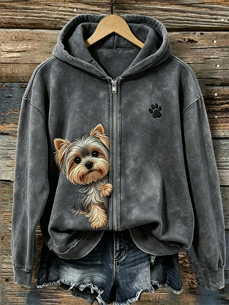 Women's Peeking Yorkshire Dog & Paw Print Full Zip Hoodie gracestitchs