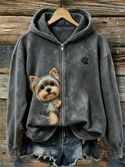 Women's Peeking Yorkshire Dog & Paw Print Full Zip Hoodie gracestitchs