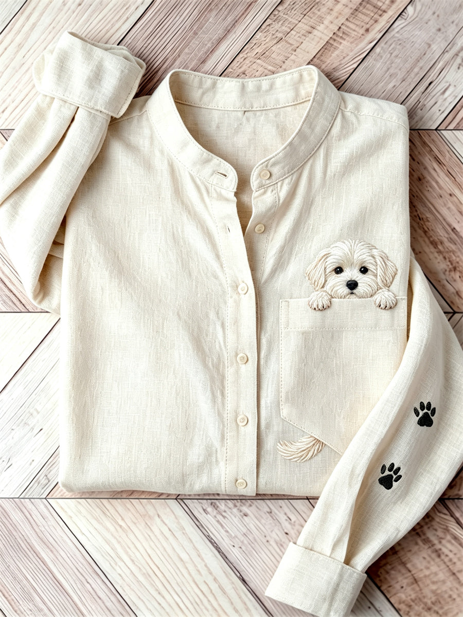 Women's Lovely Peeking Maltese Dog from Pocket Print Shirt gracestitchs