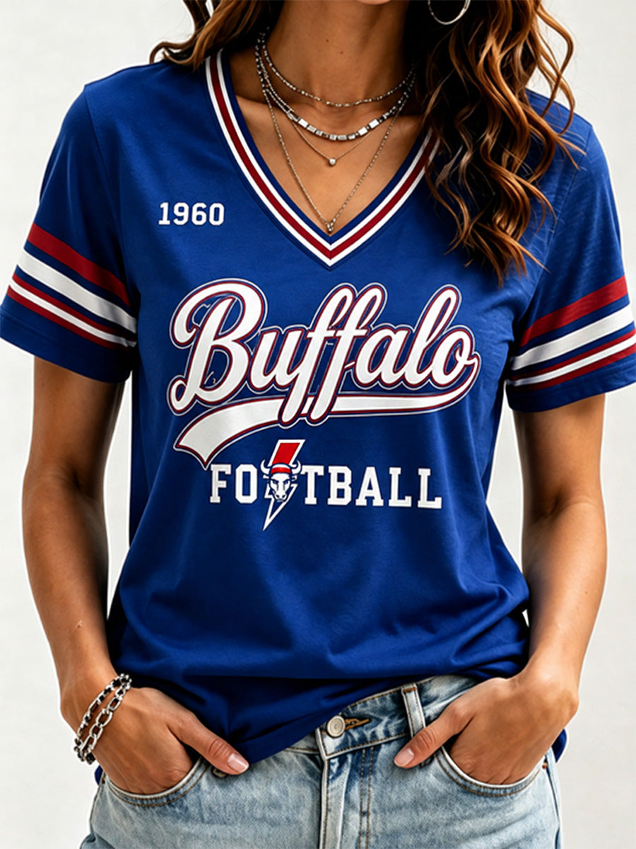 Women's Football Lover Buffalo Print V-Neck Tee gracestitchs
