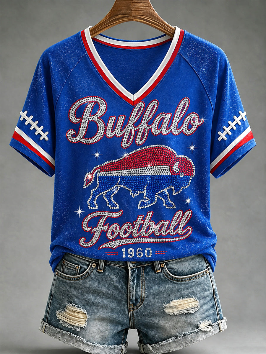 Women's Football Lover Buffalo Print V-Neck Tee gracestitchs