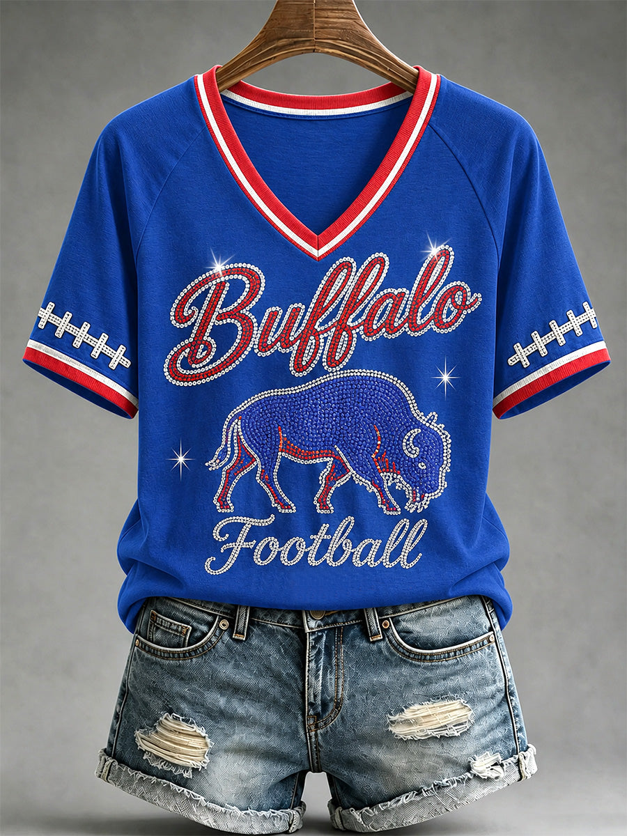 Women's Football Lover Buffalo Print V-Neck Tee gracestitchs