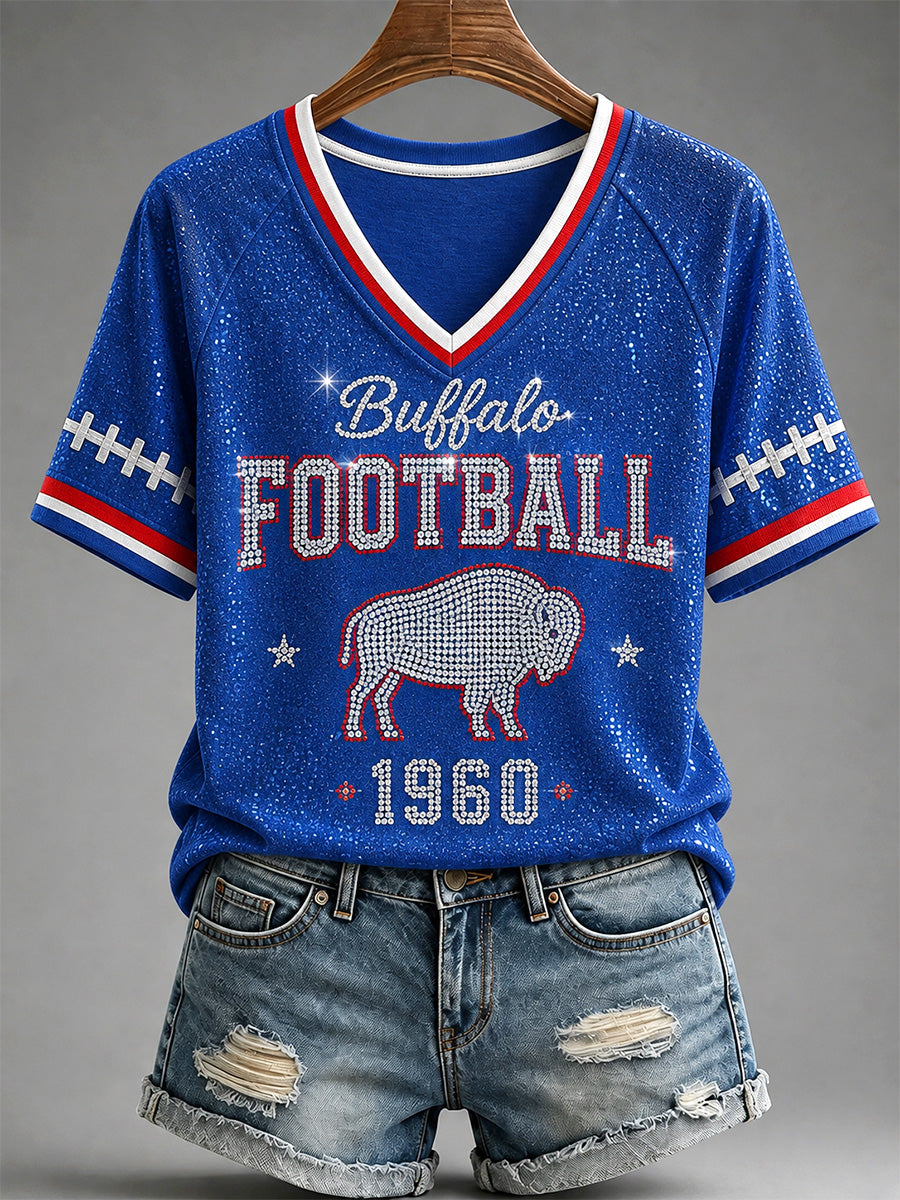 Women's Football Lover Buffalo Print V-Neck Tee gracestitchs
