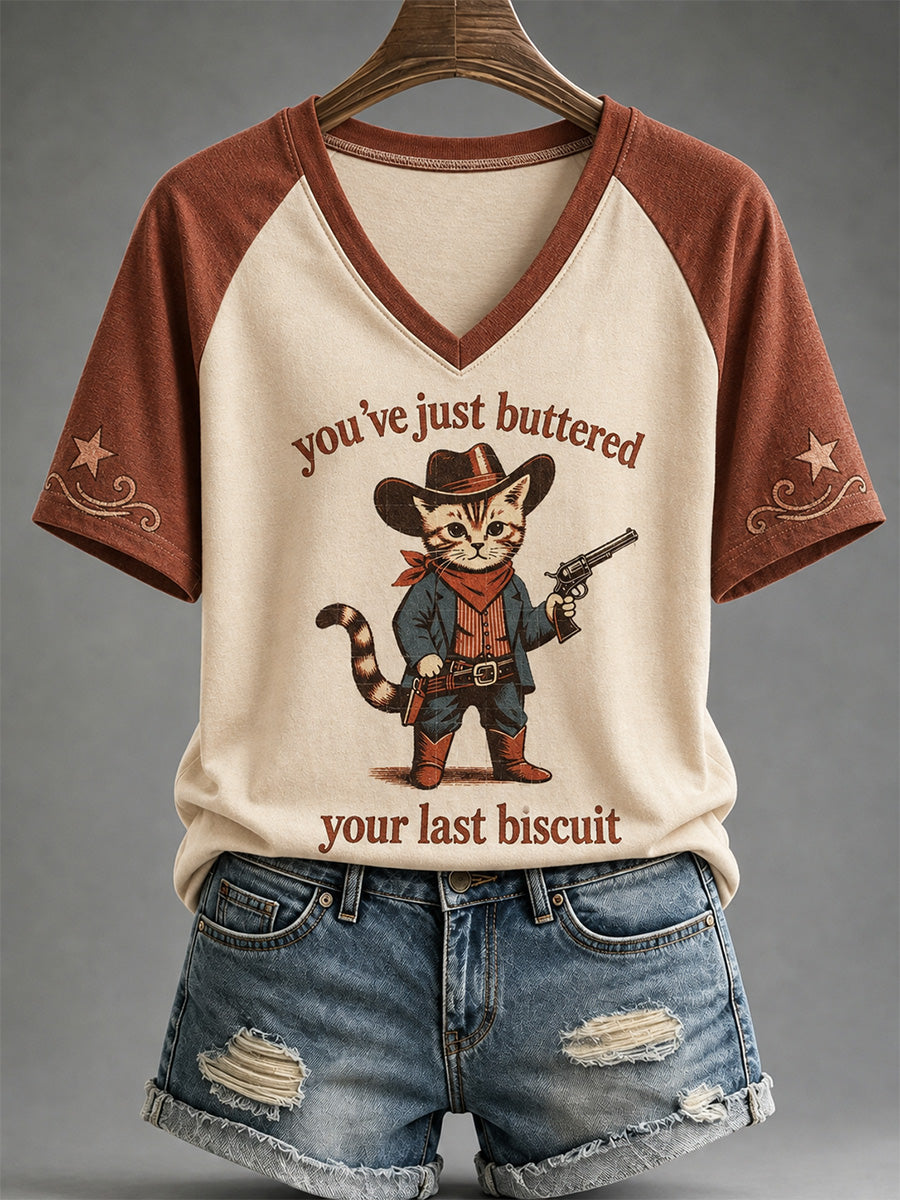 Women's You’ve Just Buttered Your Last Biscuit Print Casual V-Neck Tee gracestitchs