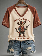 Women's You’ve Just Buttered Your Last Biscuit Print Casual V-Neck Tee gracestitchs