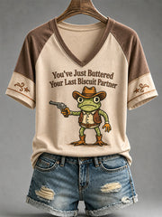 Women's You’ve Just Buttered Your Last Biscuit Print Casual V-Neck Tee gracestitchs