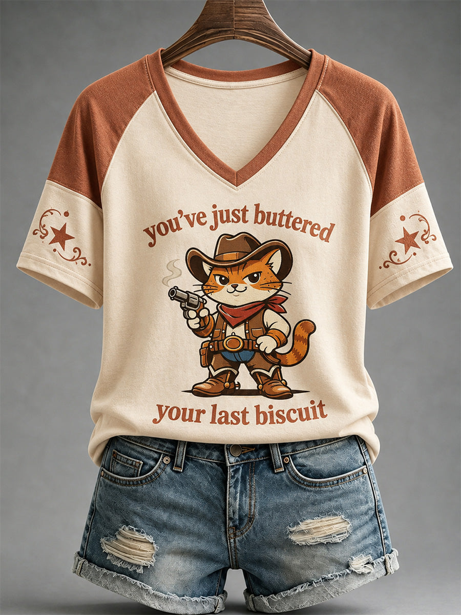 Women's You’ve Just Buttered Your Last Biscuit Print Casual V-Neck Tee gracestitchs