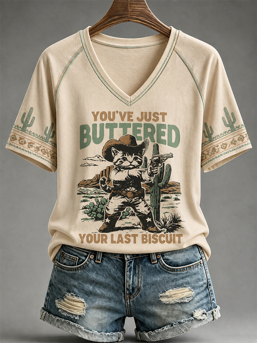 Women's You’ve Just Buttered Your Last Biscuit Print Casual V-Neck Tee gracestitchs