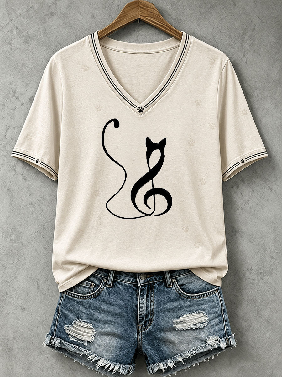 Women's Musical Note Cat Line Art T-Shirt gracestitchs