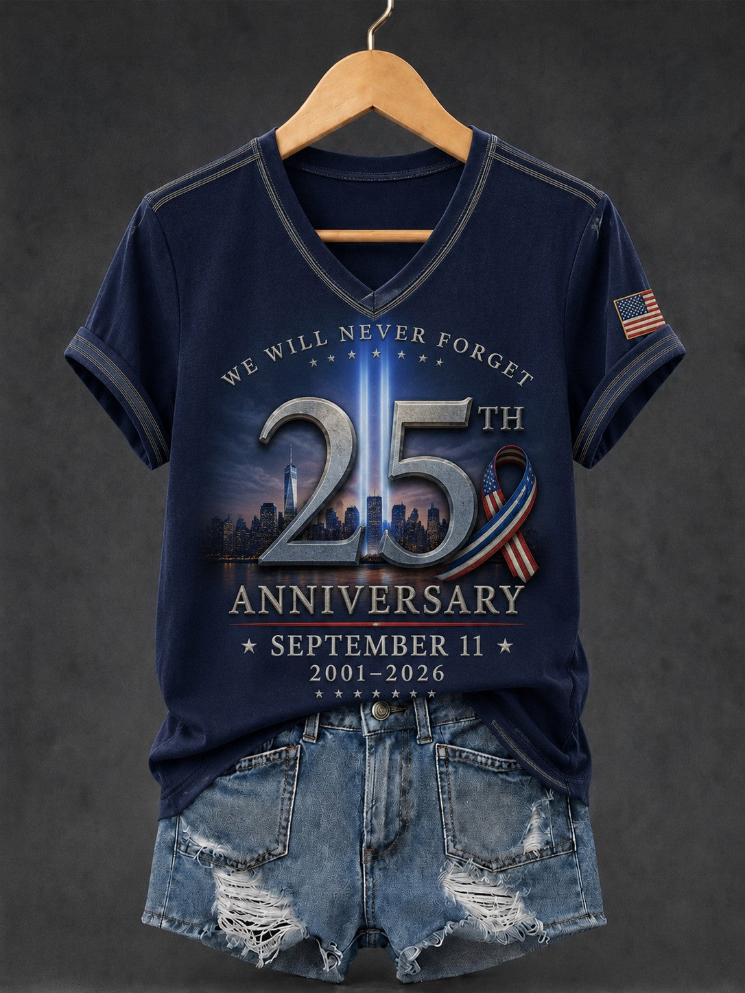 Women's 9.11 Never Forget Printed V-neck T-shirt gracestitchs