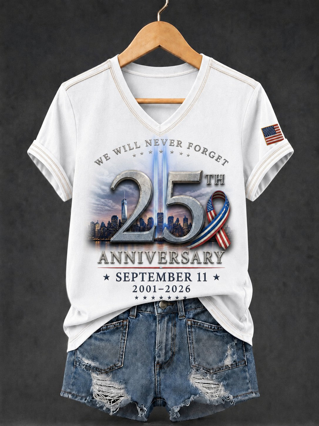 Women's 9.11 Never Forget Printed V-neck T-shirt gracestitchs