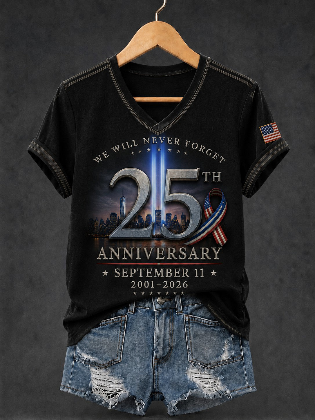 Women's 9.11 Never Forget Printed V-neck T-shirt gracestitchs