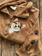 Women's Peeking Corgi Dog & Paw Print Zip Up Sweatshirt gracestitchs