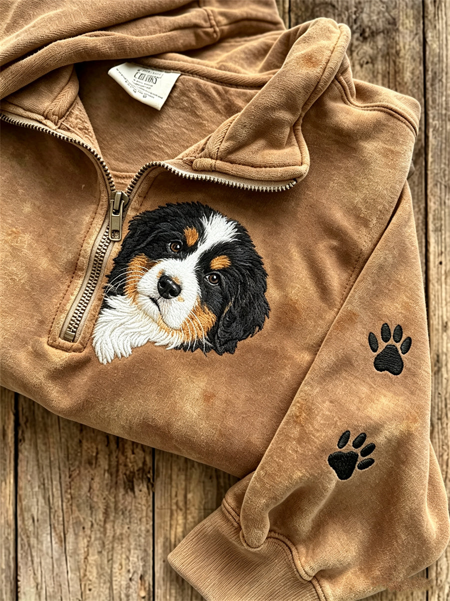 Women's Peeking Bernese Mountain Dog & Paw Print Zip Up Sweatshirt gracestitchs