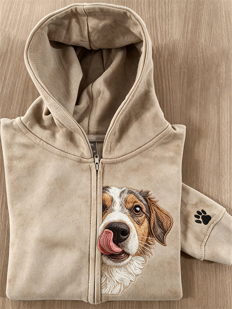 Women's Peeking Fuzzy Dog & Paw Print Full Zip Hoodie gracestitchs