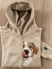 Women's Peeking Fuzzy Dog & Paw Print Full Zip Hoodie gracestitchs