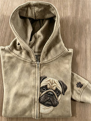 Women's Peeking Pug Dog & Paw Print Full Zip Hoodie gracestitchs