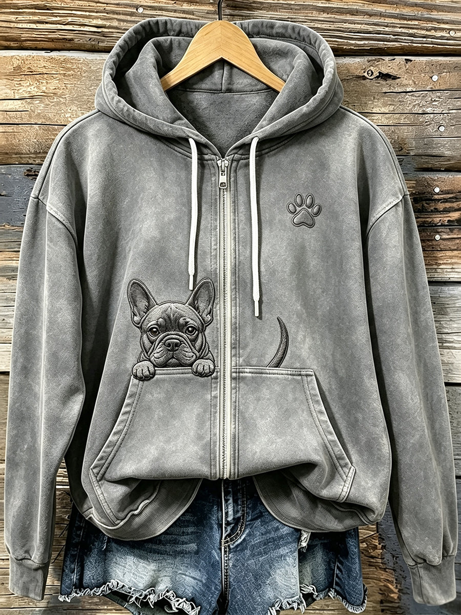 Women's Cute Peeking French Bulldog with Paw Print Cozy Zip-Up Hoodie gracestitchs