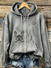 Women's Cute Peeking French Bulldog with Paw Print Cozy Zip-Up Hoodie gracestitchs