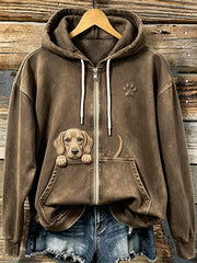 Women's Cute Peeking Labrador Dog with Paw Print Cozy Zip-Up Hoodie gracestitchs