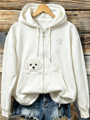 Women's Cute Peeking Bichon Frize with Paw Print Cozy Zip-Up Hoodie gracestitchs