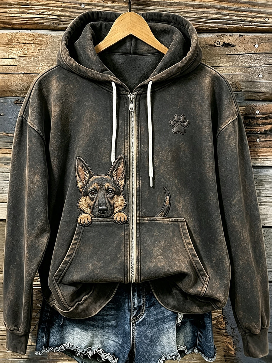 Women's Cute Peeking German Shepherd with Paw Print Cozy Zip-Up Hoodie gracestitchs