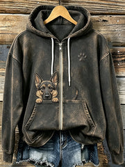 Women's Cute Peeking German Shepherd with Paw Print Cozy Zip-Up Hoodie gracestitchs