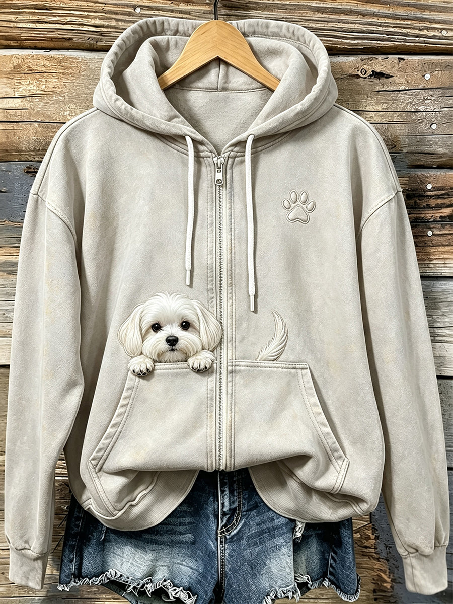 Women's Cute Peeking Maltese Dog with Paw Print Cozy Zip-Up Hoodie gracestitchs