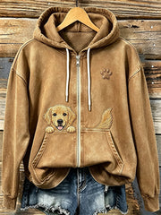 Women's Cute Peeking Golden Retriever with Paw Print Cozy Zip-Up Hoodie gracestitchs