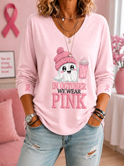 Women's In October We Wear Pink Halloween Pink Ghost Print Breast Cancer Awareness Support V-Neck Long-Sleeve T-Shirt gracestitchs