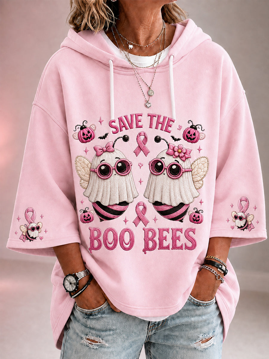 Women's Save The Boo Bees Halloween Pink Ghost Bees Print Breast Cancer Awareness Support 3/4 Sleeve Hoodie gracestitchs