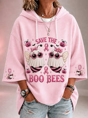 Women's Save The Boo Bees Halloween Pink Ghost Bees Print Breast Cancer Awareness Support 3/4 Sleeve Hoodie gracestitchs
