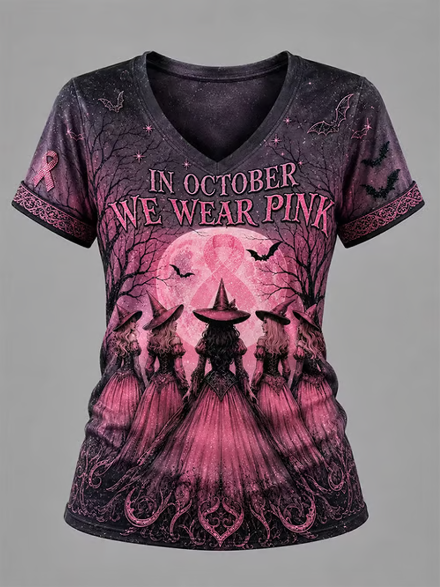 Women's Breast Cancer Halloween Print short-sleeved T-shirt gracestitchs