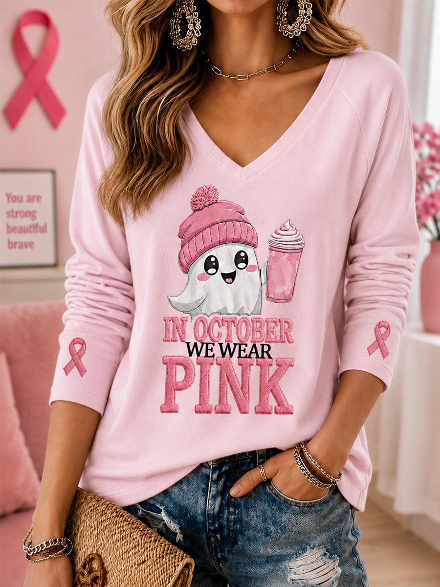 Women's In October We Wear Pink Halloween Pink Ghost Print Breast Cancer Awareness Support V-Neck Long-Sleeve T-Shirt gracestitchs