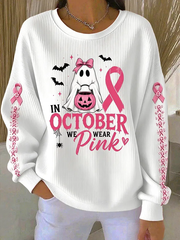 Women's In October We Wear Pink Ribbed Round-Neck Sweatshirt gracestitchs