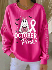 Women's In October We Wear Pink Ribbed Round-Neck Sweatshirt gracestitchs