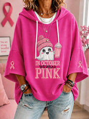 Women's In October We Wear Pink Halloween Pink Ghost Print Breast Cancer Awareness Support Short-Sleeve Hoodie gracestitchs