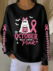 Women's In October We Wear Pink Ribbed Round-Neck Sweatshirt gracestitchs