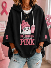 Women's In October We Wear Pink Halloween Pink Ghost Print Breast Cancer Awareness Support Short-Sleeve Hoodie gracestitchs
